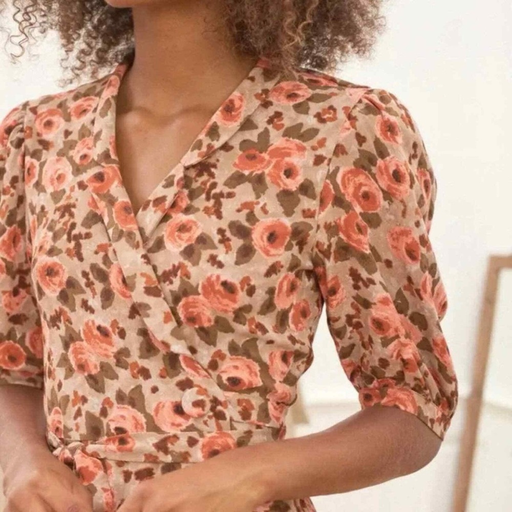 ROUJE Pink Tan Classic Retro Floral Printed Tea Rose Louisa Midi Wrap Dress 4/6 - Picture 7 of 14